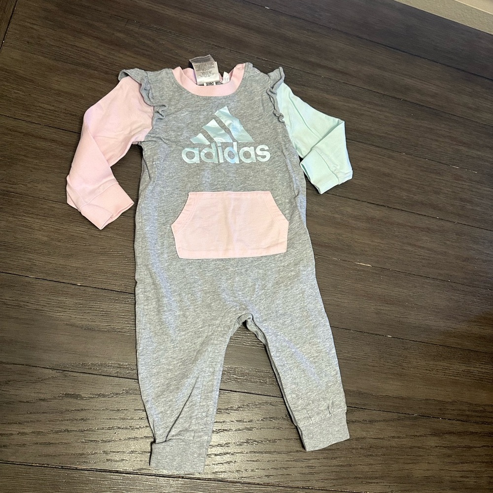 9mth Adidas Baby One Piece - Gray with Pink and Blue Sleeves